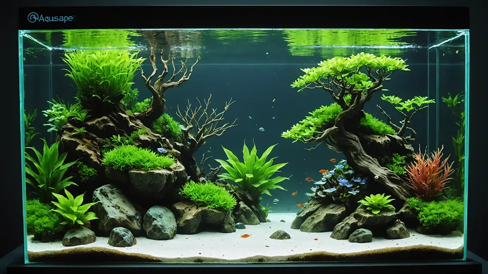 Eye-level view of a beautifully arranged aquascape with vibrant plants