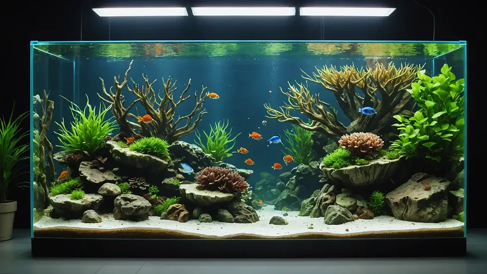 Eye-level view of a beautifully aquascaped aquarium showcasing natural hiding spots
