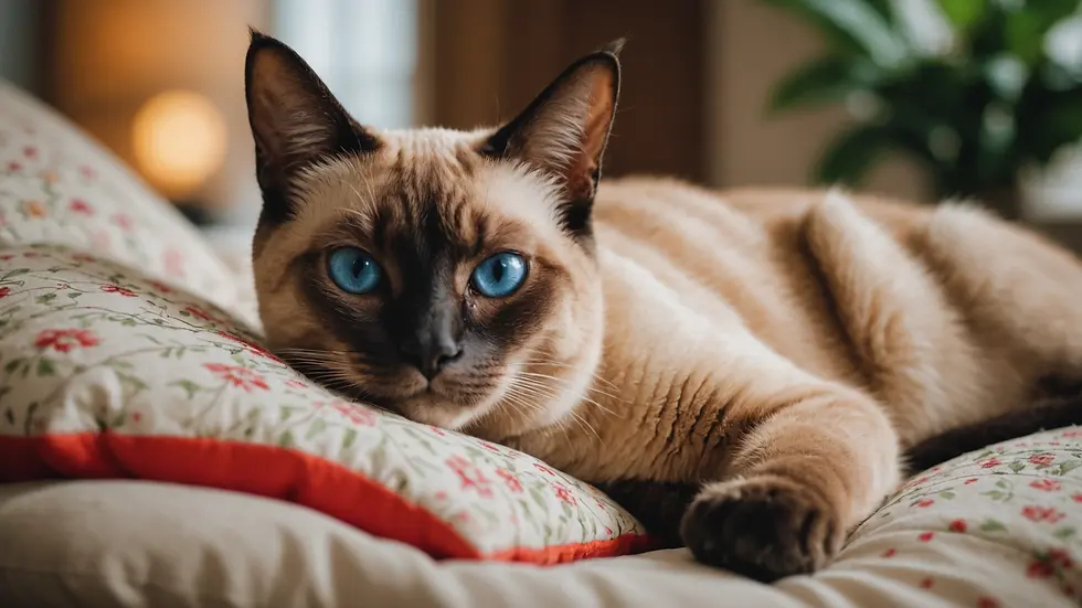 Eye-level view of Siamese cat resting on a vibrant pillow