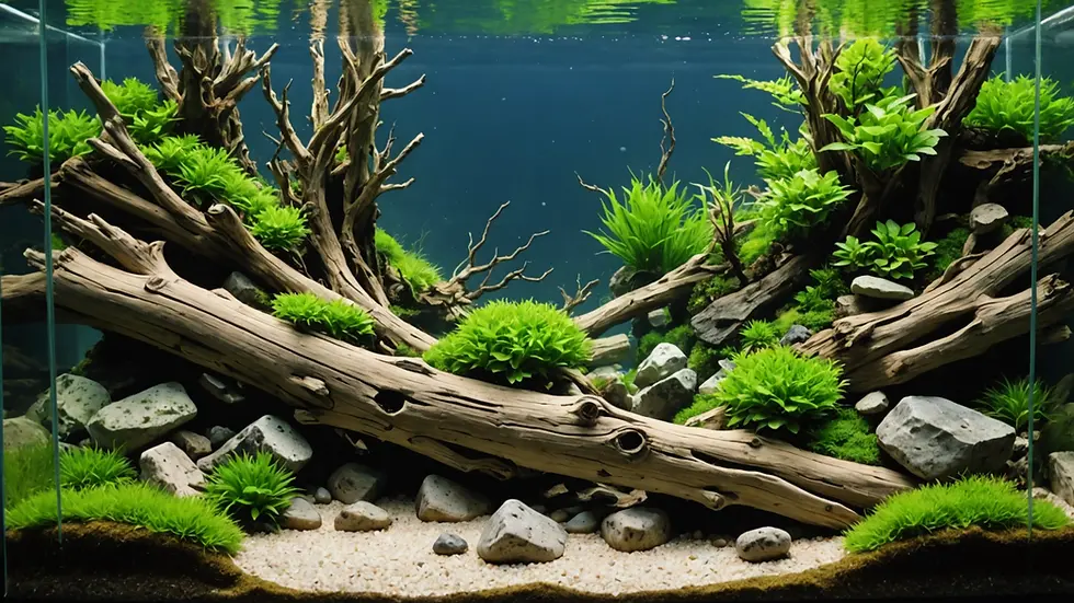 High angle view of aquascaping hardscape with driftwood and stones