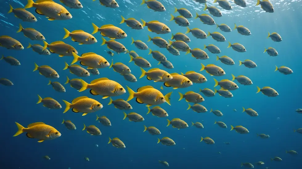 Underwater shot of a school of fish swimming in unison