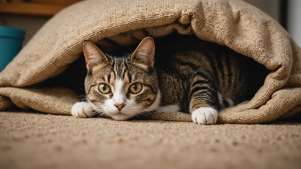 Eye-level view of a cat sitting in a cozy hiding spot