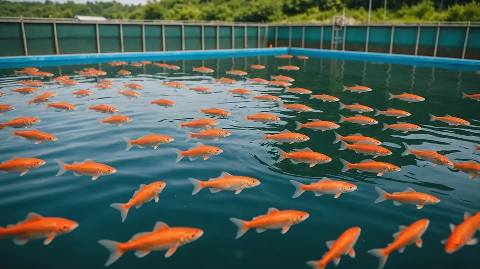 Eye-level view of a fish farm with swimming fish