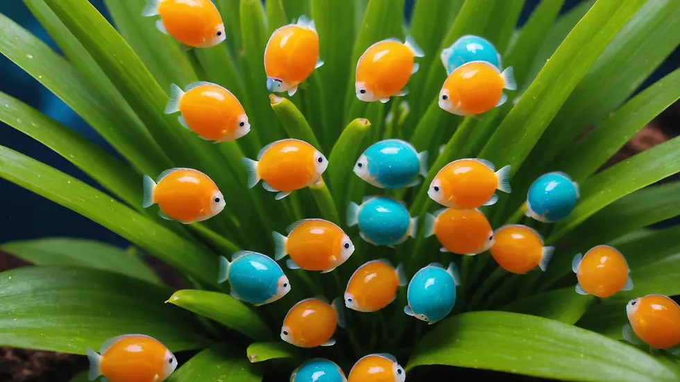 Close-up view of colorful fish eggs nestled in a plant