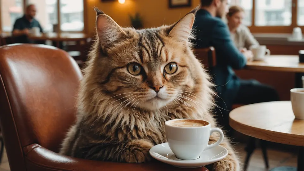 Close-up view of a fluffy cat sitting in a cafe chair with a coffee cup on the table