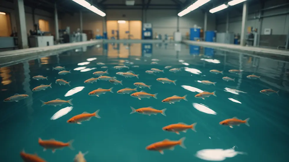 Eye-level view of a hatchery tank with young fish swimming