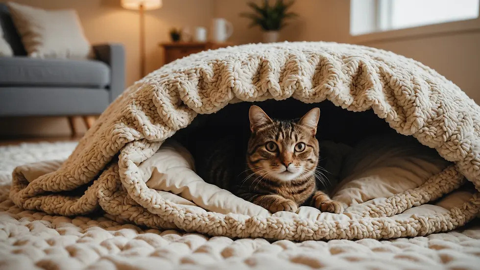 Eye-level view of a cozy cat bed surrounded by soft blankets