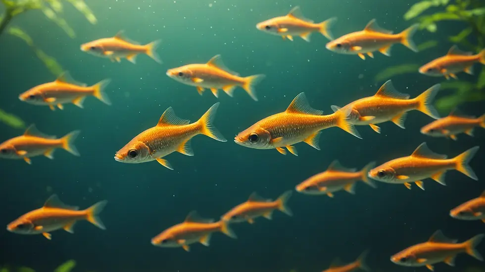 Eye-level view of Rasbora fish swimming in unison