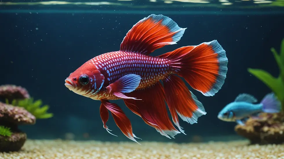 Eye level view of betta fish swimming in a vibrant aquarium