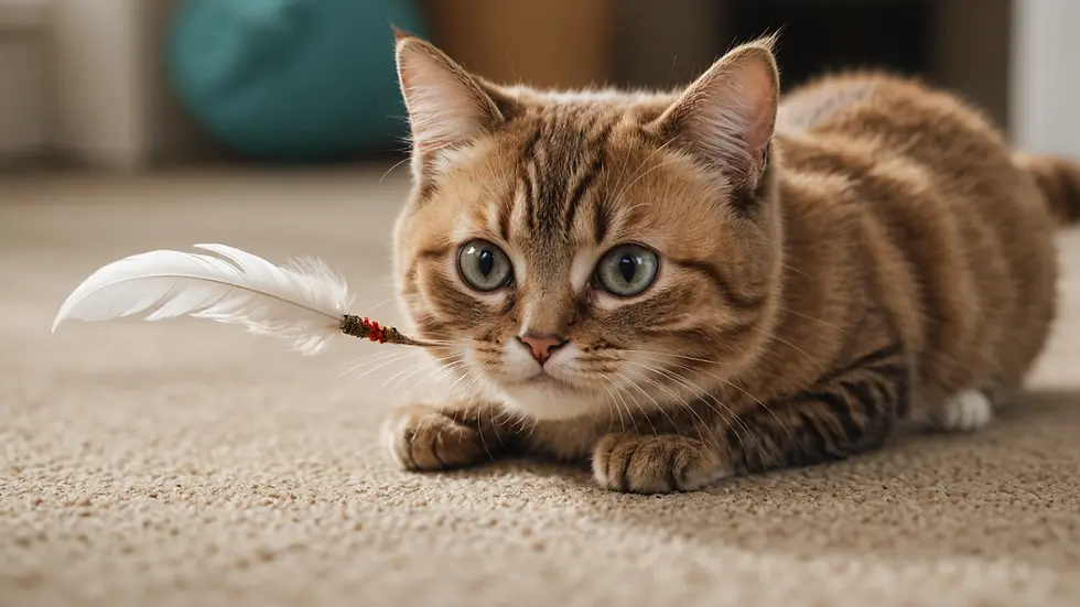 Eye-level view of a Munchkin cat playing with a feather toy