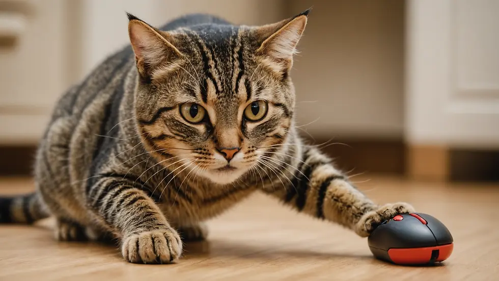 Close-up view of a playful domestic cat pouncing on a toy mouse