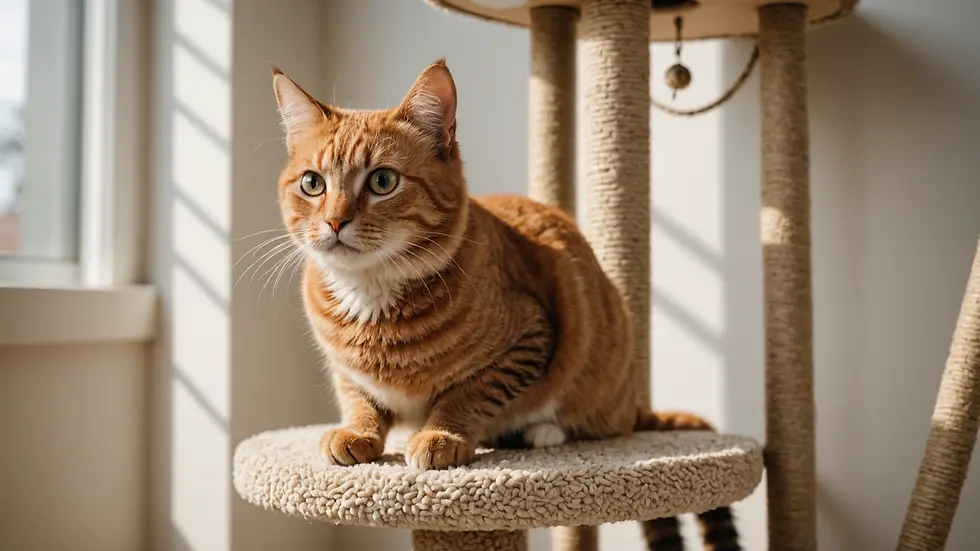 Eye-level view of a cat sitting atop a cat tree, surveying its surroundings
