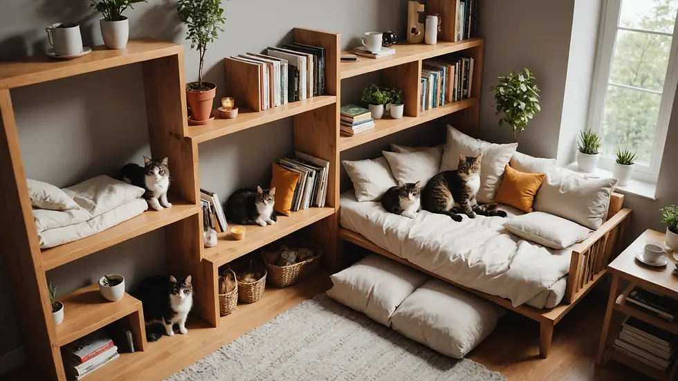High angle view of a cozy living area for cats, featuring climbing shelves and bedding