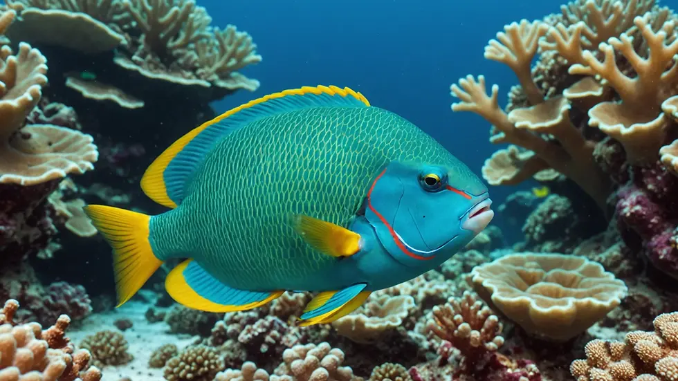 Close-up view of a parrotfish grazing on a coral structure.