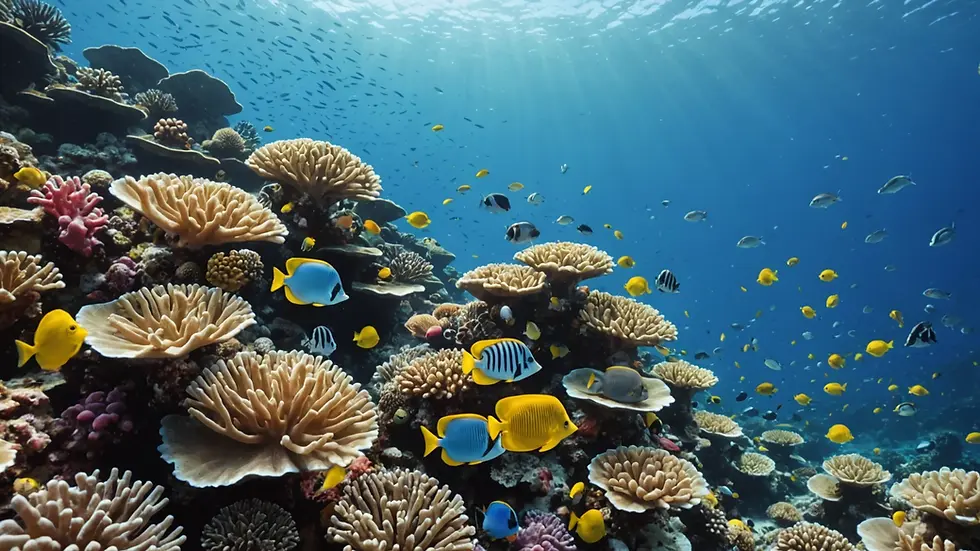 Eye-level view of a vibrant coral reef bustling with various fish species.