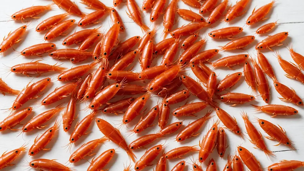 High-angle view of assorted dried krill on white wooden background