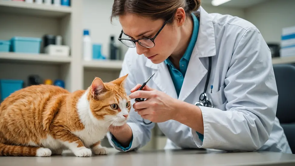 Eye-level view of a veterinarian checking a cat's health