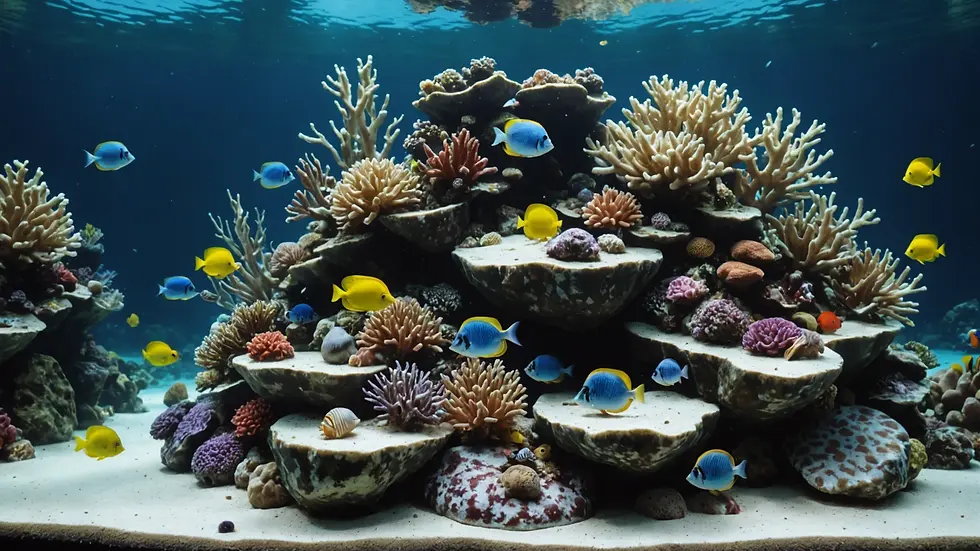 Eye-level view of live rock arrangement in a saltwater aquarium