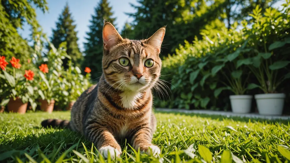 Wide angle view of a playful cat in a green garden outdoors