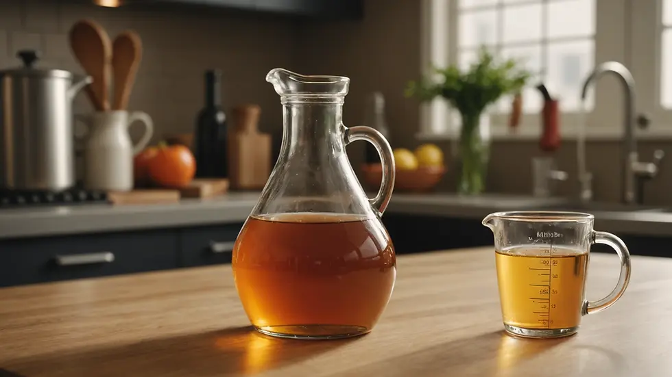 Close-up of a bottle of vinegar and a measuring cup on a kitchen counter