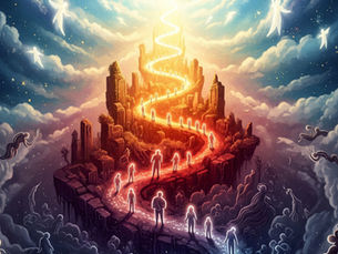 Glowing souls ascending a celestial winding path from dark shadowy realms toward a radiant golden temple in the sky, symbolizing karma, rebirth, and spiritual liberation.