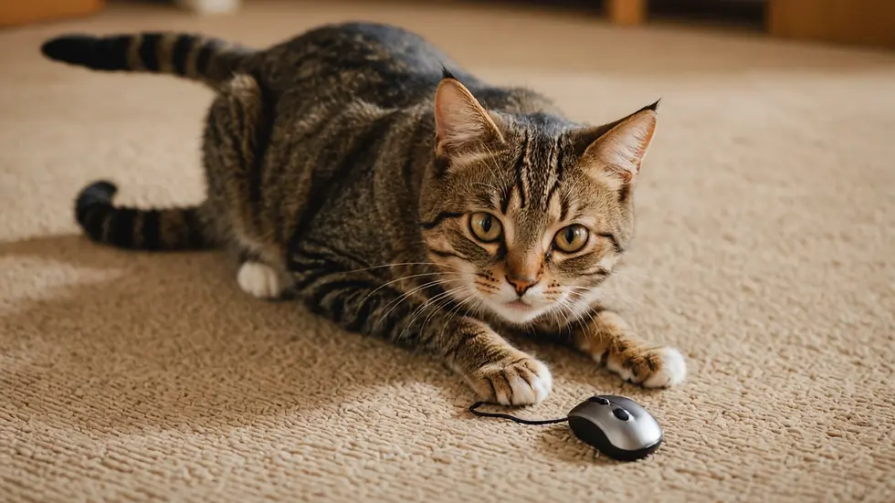 High angle view of a playful cat with a toy mouse