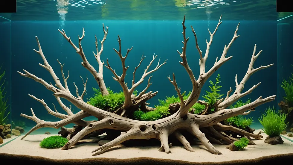 Eye-level view of driftwood arrangement in aquarium