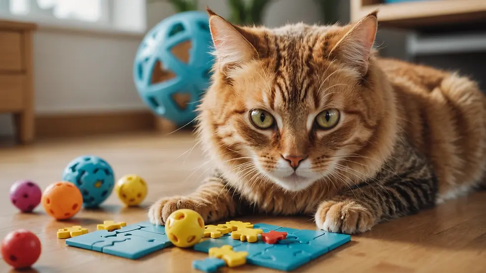 Eye-level view of a playful cat with puzzle toys in front of it