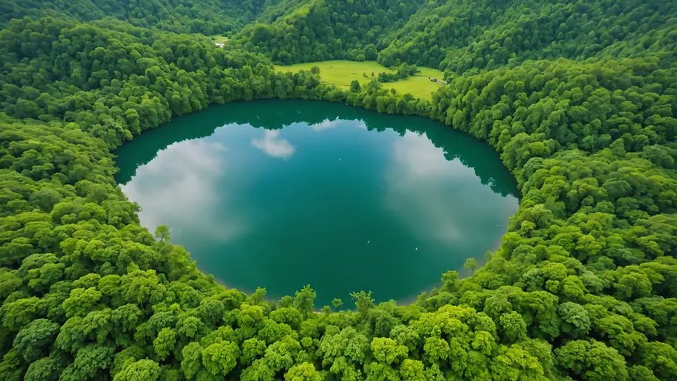 High angle view of a serene lake surrounded by lush greenery, home to various fish species