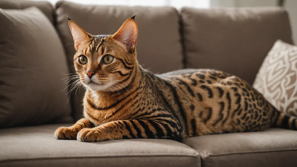 Eye-level view of a beautiful Bengal Cat lying on a couch