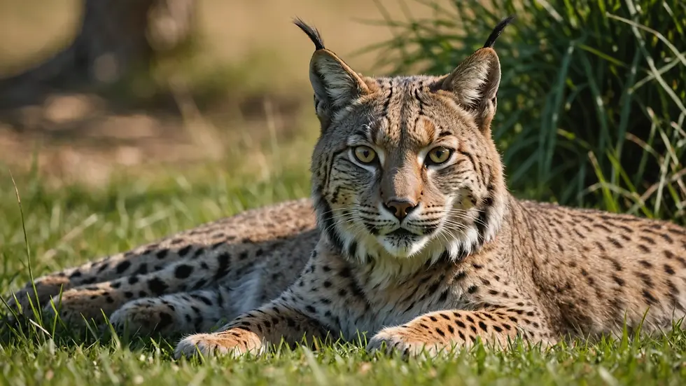 Eye-level view of Iberian lynx resting in grassy area