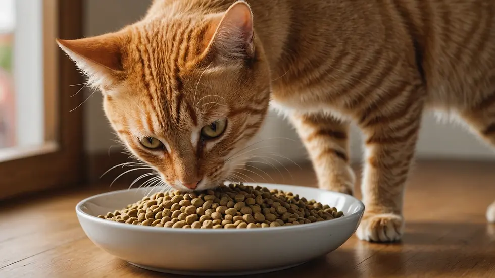 Close-up view of a cat eating dry kibble from a bowl