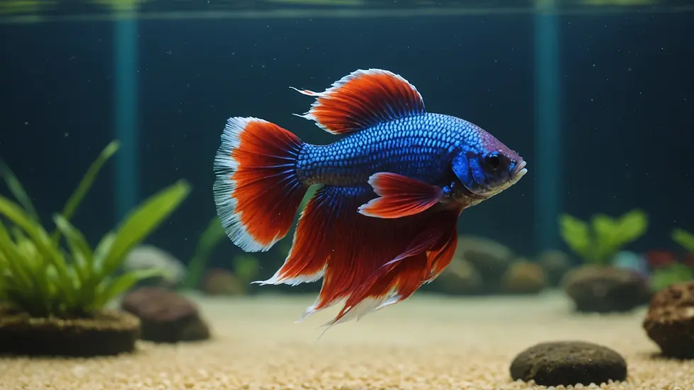 Eye-level view of a Betta fish swimming in a vibrant aquarium