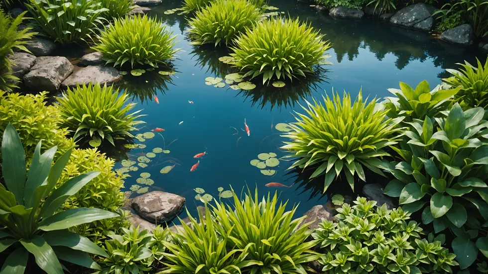 High angle view of a freshwater habitat with vibrant aquatic plants
