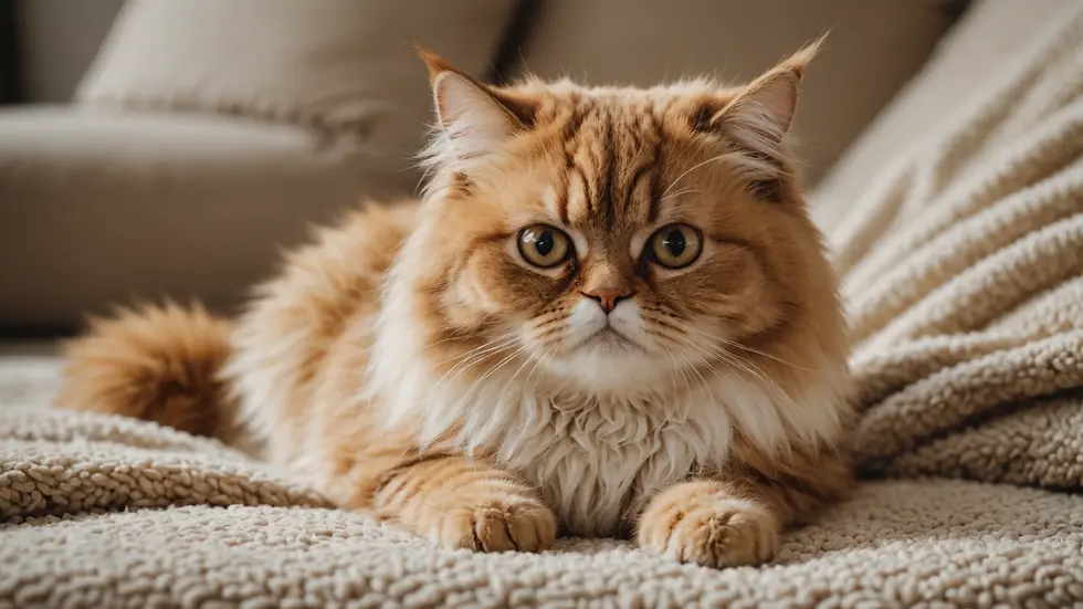 High angle view of a fluffy Persian Cat resting on a plush blanket