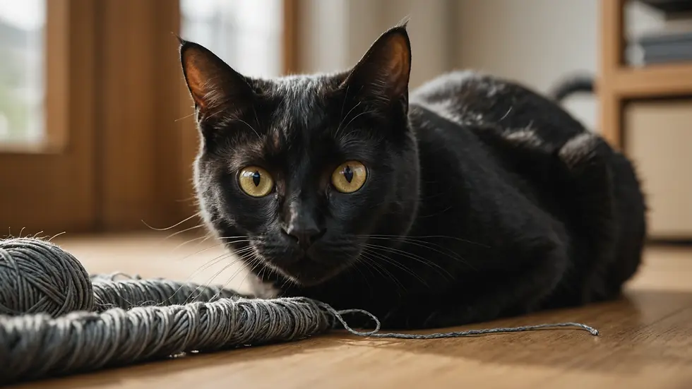 Eye-level view of a black cat playing with yarn