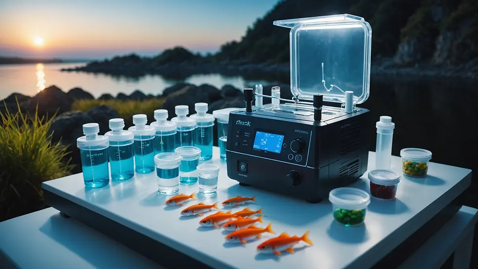 Eye-level view of a fish testing kit with various water quality parameters displayed