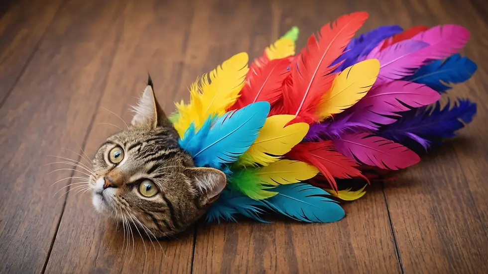 Eye-level view of a colorful feather wand cat toy