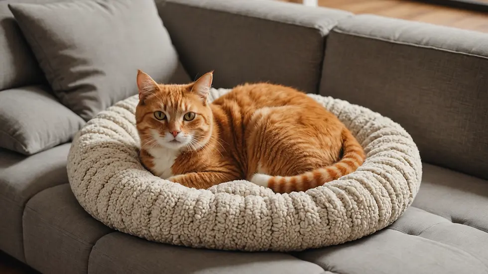 High angle view of a cozy cat bed on a stylish sofa