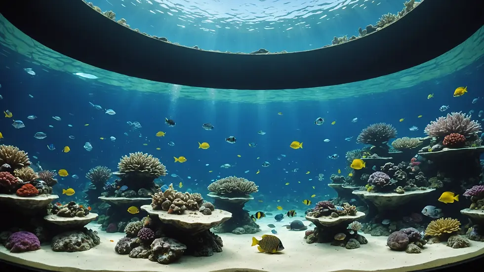 Wide angle view of a densely populated aquarium