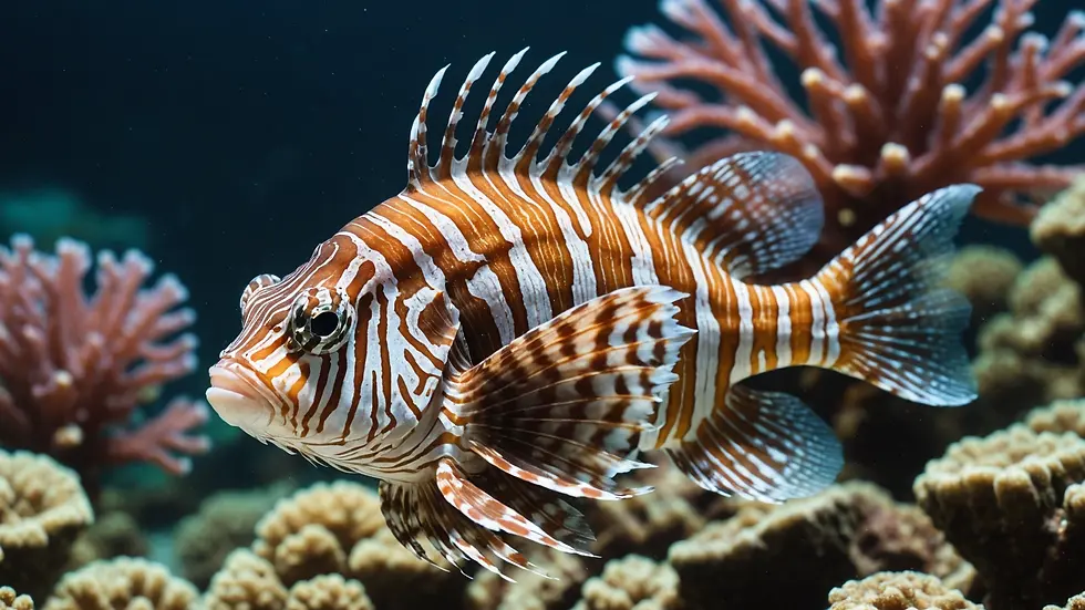Eye-level view of a Zebra Lionfish showcasing its majestic fins in a coral environment