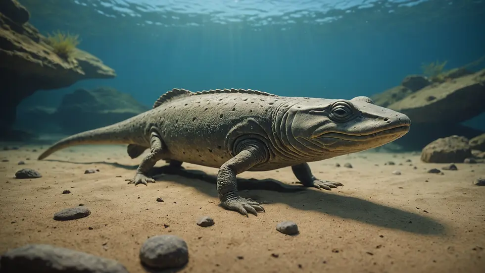Eye-level view of a reconstructed fossil of Tiktaalik