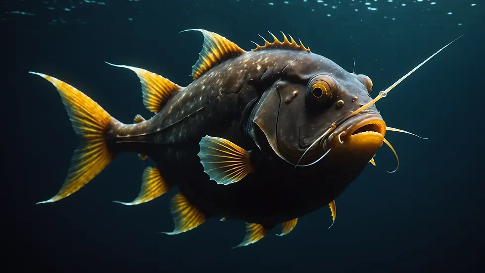 High angle view of an anglerfish in dark waters, showcasing its luminous lure
