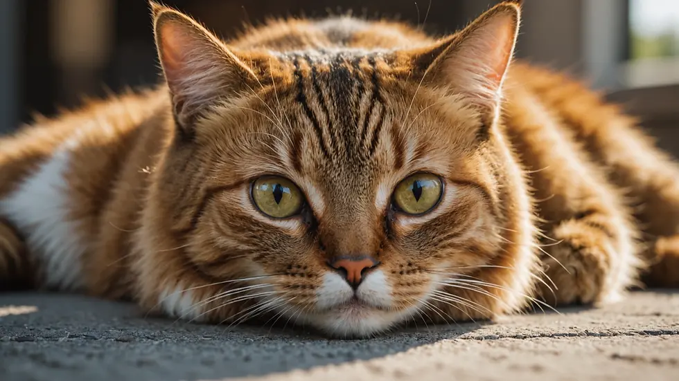 Eye-level view of a cat lying down peacefully
