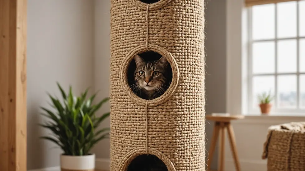 Eye-level view of a stylish scratching post with natural jute