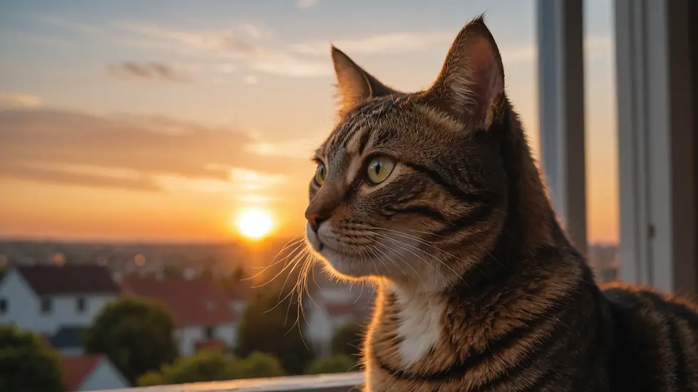 Eye-level view of a cat watching a sunset through a window