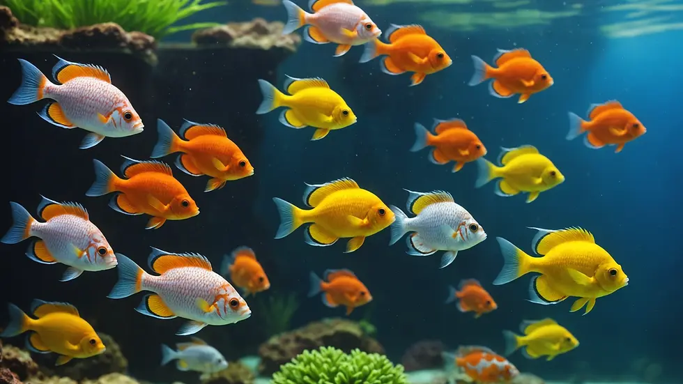 Eye-level view of colorful fish swimming in an aquarium