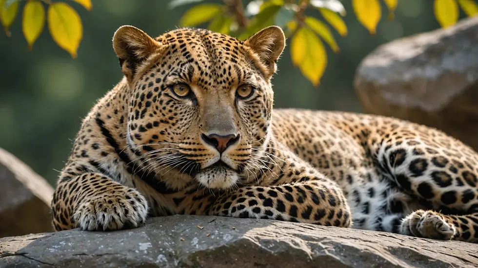 Eye-level view of a leopard resting on a rock