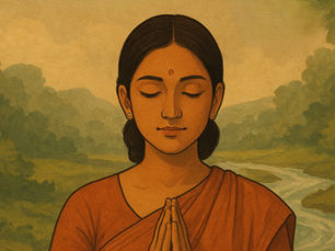 An Indian woman in traditional attire praying with hands folded in namaste posture, representing devotion, sadhana, and inner peace.