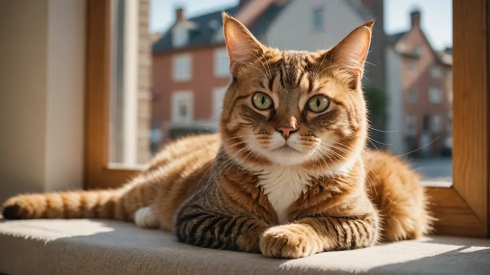 Eye-level view of a content cat lounging on a sunny windowsill